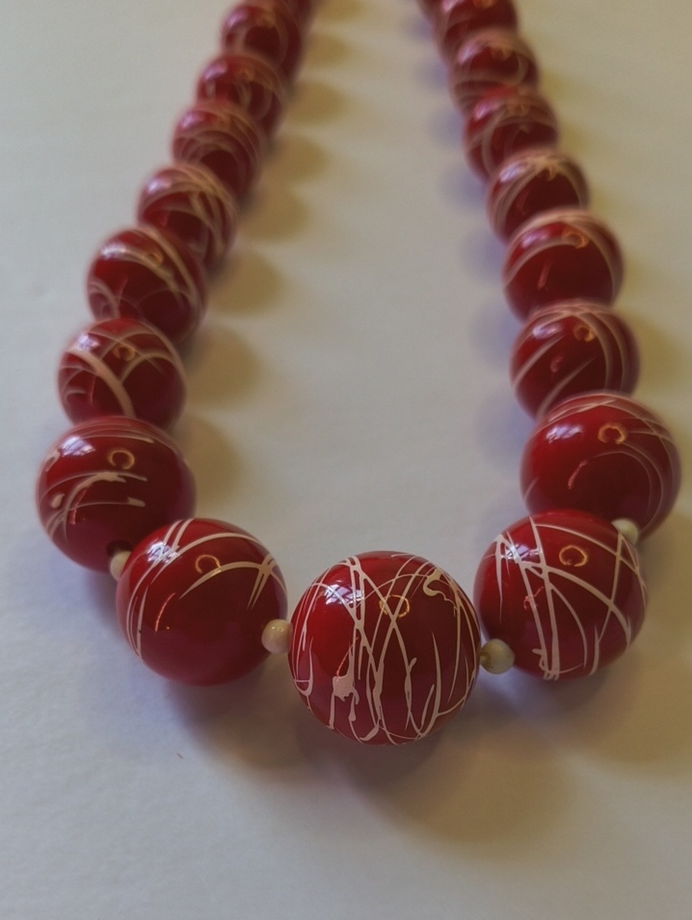 Awesome Retro Acrylic Red Beaded Statement Necklace With White Accents-Real VTG